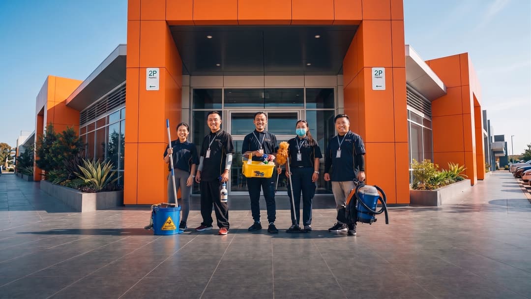 Five Monaro Group commercial cleaning professionals with their specialist equipment